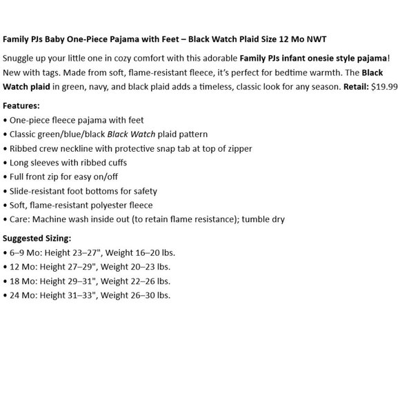 Family PJs Baby One-Piece Pajama with Feet – Black Watch Plaid Size 12 Mo NWT - Picture 2 of 4